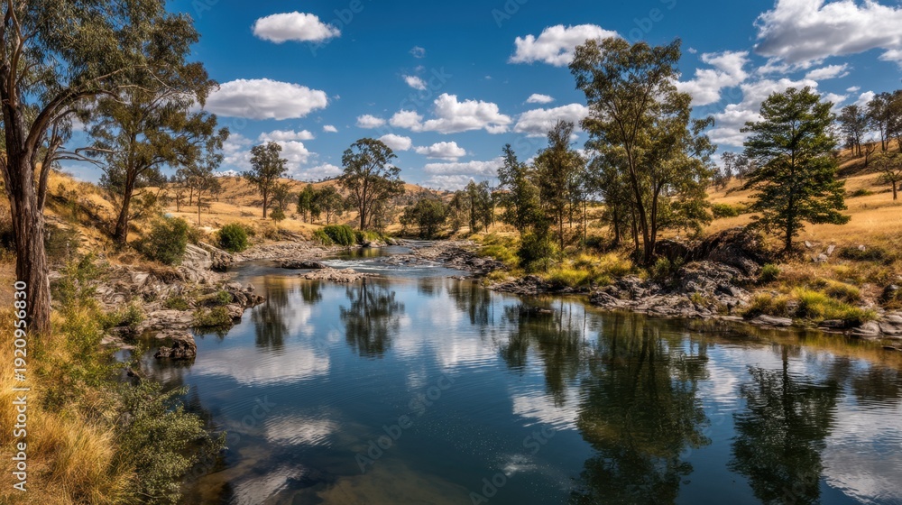 Obraz premium Serene River Scene with Reflective Water Surrounded by Lush Trees and Golden Hills Under a Bright Blue Sky with Fluffy White Clouds