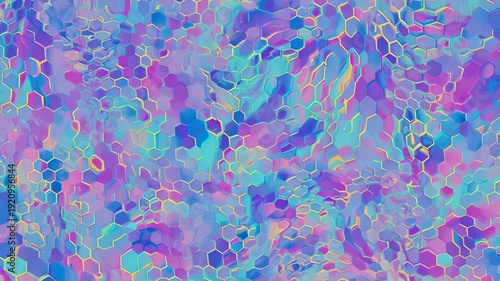 Swirling mosaic of iridescent hexagons in vibrant blues, purples, and pinks