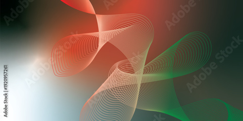 Dark textured grainy background with vibrant red, green and white luminous abstract gradient waves flowing softly with blurred glow for modern header, poster and wide banner layout