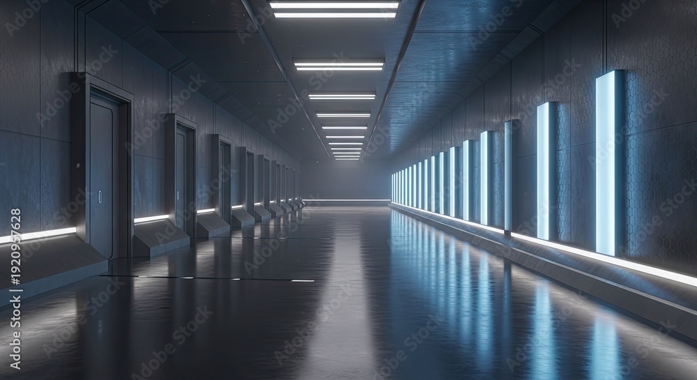 Fototapeta premium Futuristic corridor with blue lighting and sleek architecture