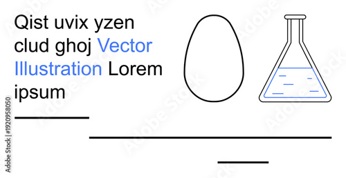 Education, science, experiments, design templates, conceptual art, layout. A laboratory flask, egg shape and text composition on a white background. Science and education concepts