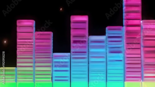 Glowing neon equalizer bars ascend in a vibrant spectrum of pink, purple, and blue