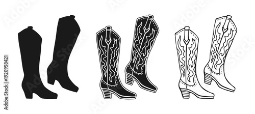Cowgirl boots hand drawn sketch in doodle linear, silhouette and engraving style set. American traditional pair of cowboy boots with fire design. Vintage whimsical western rodeo cowgirl party symbol
