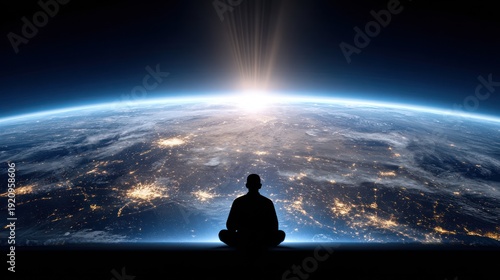 Wallpaper Mural Meditating silhouette above earth with sunrise and city lights Torontodigital.ca