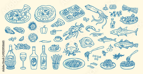 Hand drawn Mediterranean food illustration set inspired by Italian and Spanish cuisine. Summer coastal mood with wine and seafood. Minimal grunge line art and vintage doodle style, southern atmosphere