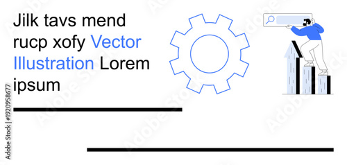Digital marketing, search engine optimization, business analytics, growth strategies, web development, online success. Gear icon, text and a person evaluating data. SEO and business growth concept