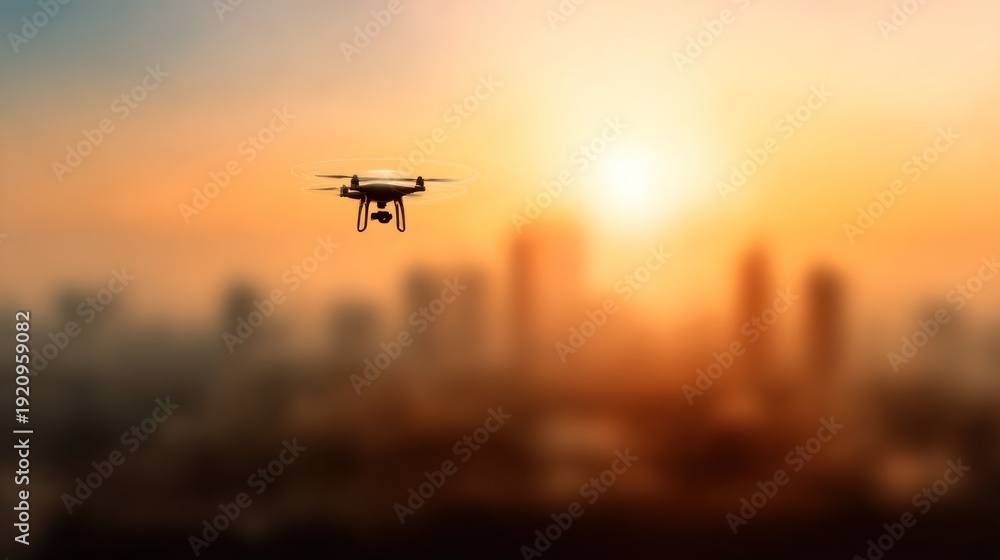Fototapeta premium Drone flying over a city skyline at sunset with copy space