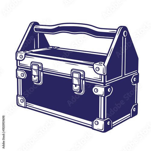 Blue metal toolbox with handle and latches on white background  a closed portable storage box