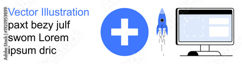 Technology, healthcare, innovation, startups, data management, digital interfaces. Visual elements include a blue cross, rocket graphic and computer screen. Technology and healthcare concept