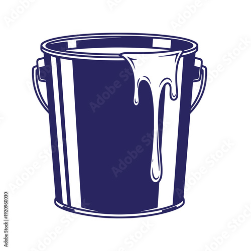 dark blue metal bucket with paint dripping down side  metal bucket with handles on both sides