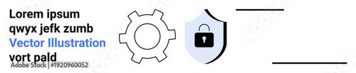 Gear icon next to a shield with a lock inside, symbolizing security, system configuration, and data protection. Ideal for cybersecurity, privacy, technology, IT, configuration management simple