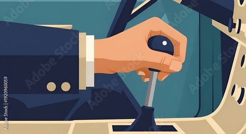 Businessman shifting gear stick in a car interior with hand on manual transmission