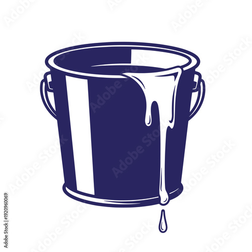 Dark blue metal bucket with white paint dripping from it on white background