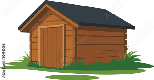 Wooden brown shed with green grass vector on white background.