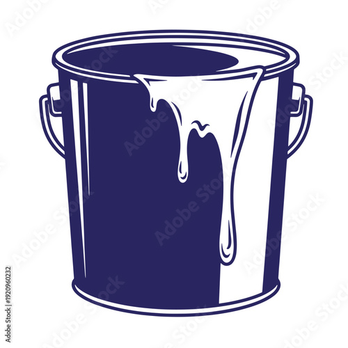 Dark blue paint bucket with white paint dripping down side on white background  metal container