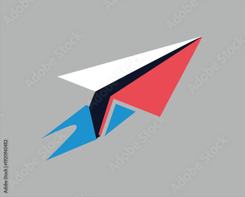 Geometric paper airplane with red white and blue accents flying against gray background