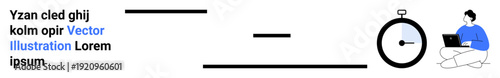 Productivity, time management, remote work, efficiency, deadlines, modern business. A stopwatch, horizontal lines and a person sitting with a laptop. Productivity and time management