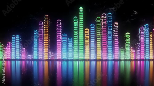 An array of glowing vertical bars on a reflective surface in the dark