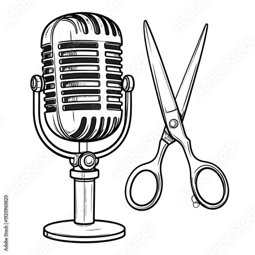 A vintage microphone and a pair of scissors on a white background