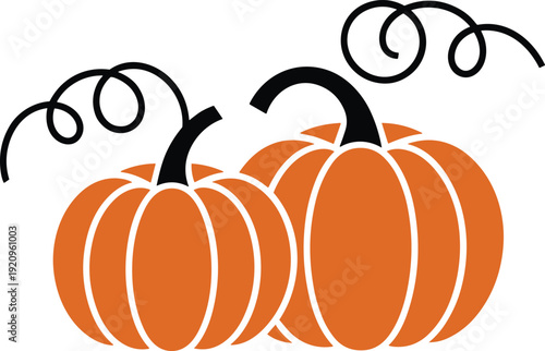 Two stylized orange pumpkins with black stems and curly vines on a white background