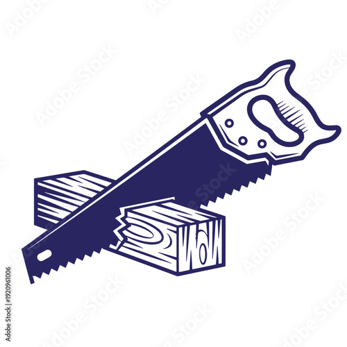 Hand saw cutting through a block of wood with a wooden plank on the side