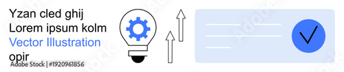 Innovation, workflow, productivity, goal achievement, creative solutions, business strategies. A lightbulb with a gear, upward arrows and a checkmark. Innovation and workflow concept