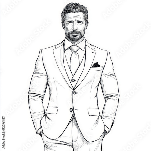 Clean monochrome sketch of a refined businessman in a three piec