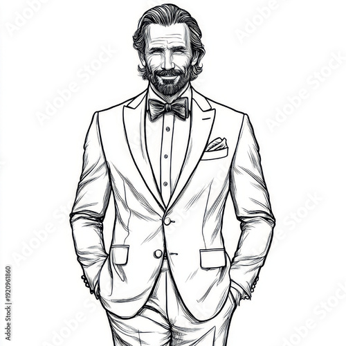Line art of a smiling bearded gentleman in a classic tuxedo with