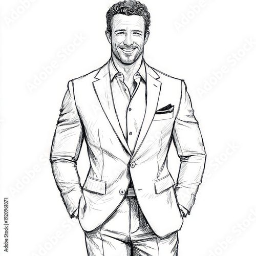 Expressive line drawing of a cheerful man in a tailored suit wit