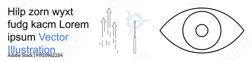 Vision, renewable energy, growth, innovation, technology, analytics. An eye symbol, wind turbine and upward arrows. Vision and renewable energy concept