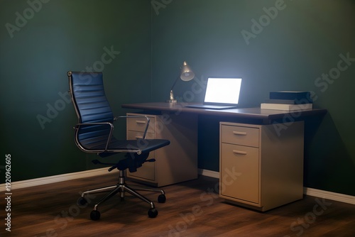 Empty Chair Facing Laptop in Dark Room — Remote Work Isolation Concept