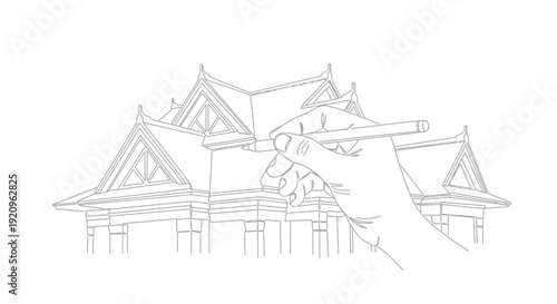 Hand Drawing Asian Traditional Architecture with Pencil, Architectural Sketch Design