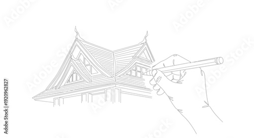 Hand Drawing Modern Building Architecture with Pencil, Architectural Sketch Concept