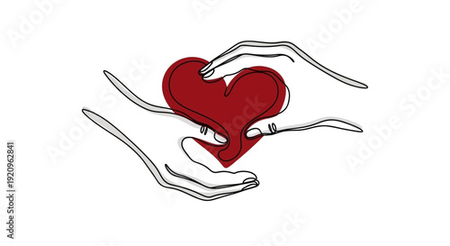 Minimalist Art of Hands Gently Holding a Red Heart, Symbolizing Care and Love