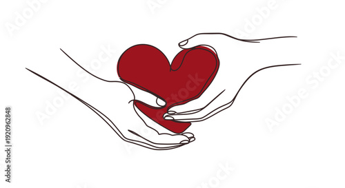 Two Hands Holding and Sharing a Red Heart with Continuous Art Style