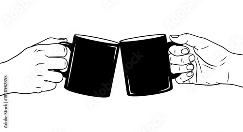 Two Hands Clinking Black Mugs in a Toast, Minimalist Art Celebration