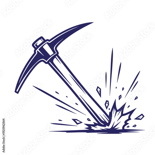 Pickaxe hitting ground with sparks and debris flying everywhere in a mining scene