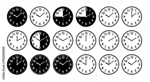 Collection of Analog Clocks Displaying Different Times with Hour and Minute Hands