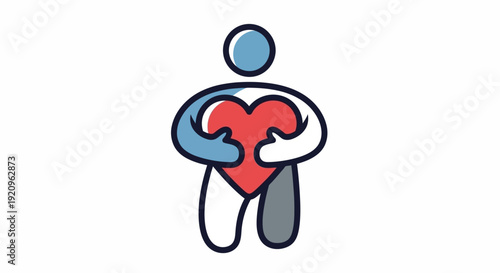 Stylized Human Figure Holding a Red Heart with Blue Arms and White Body