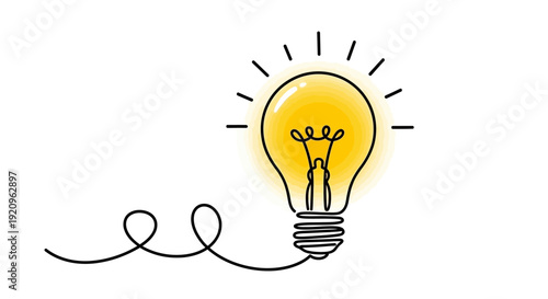 Minimalist continuous drawing of a glowing light bulb representing ideas and innovation