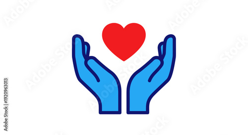 Blue Hands Holding Red Heart Icon, Symbolizing Care, Love, and Support Concept