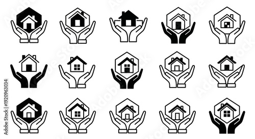 Collection of Minimalist House and Hands Icons for Real Estate and Security Concepts