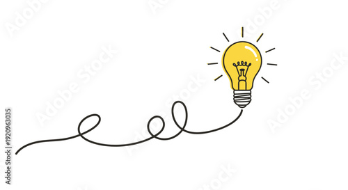 Bright Idea Concept: Yellow Light Bulb with Swirling Wire on White Background