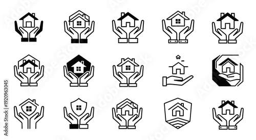 Collection of Minimalist Vector Icons Representing Home Protection and Security Services