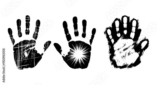 Set of Textured Black Handprint Silhouettes on a White Background