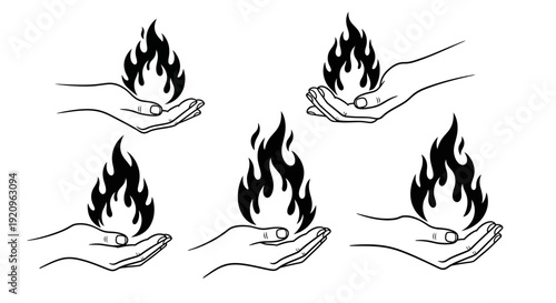 Hands Holding Fire Flames Icons Set, Symbolizing Energy, Passion, and Power