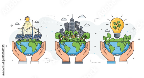 Hands holding the Earth with renewable energy, city, and lightbulb symbols