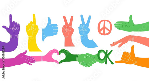 Diverse Hands Gesturing Positive Symbols and Actions in a Flat Vector Style