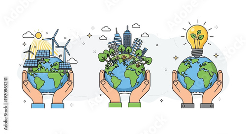 Hands Holding Earth With Renewable Energy Sources and Green Cityscape
