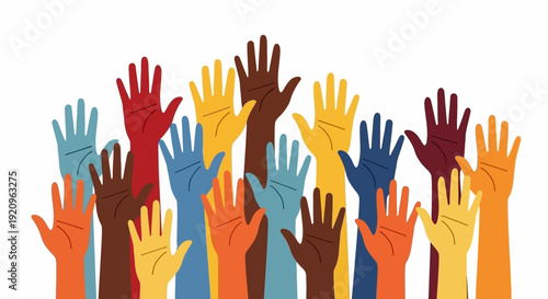 Diverse Hands Raised in Unity and Support, Symbolizing Community, Diversity, and Collaboration